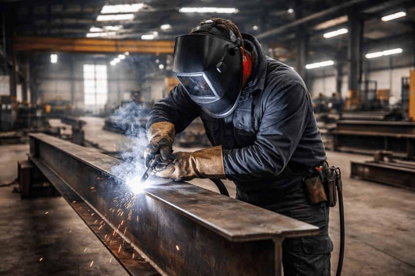 Técnico realizando soldadura industrial en componentes de una estructura metálica.