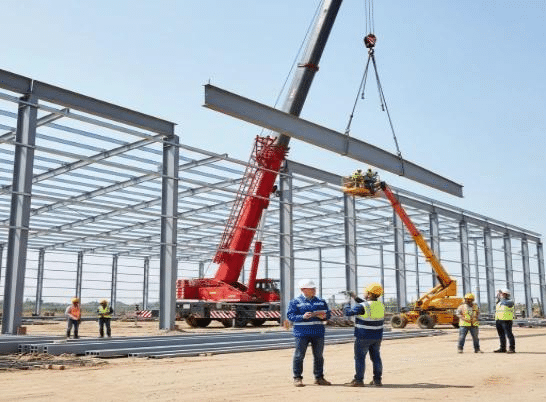 Montaje de estructuras metálicas en un proyecto de construcción industrial.