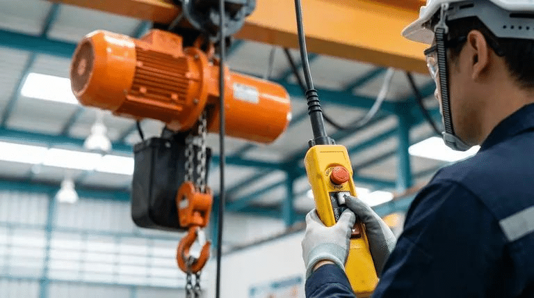 Instalación técnica de un receptor y control inalámbrico para polipasto eléctrico.