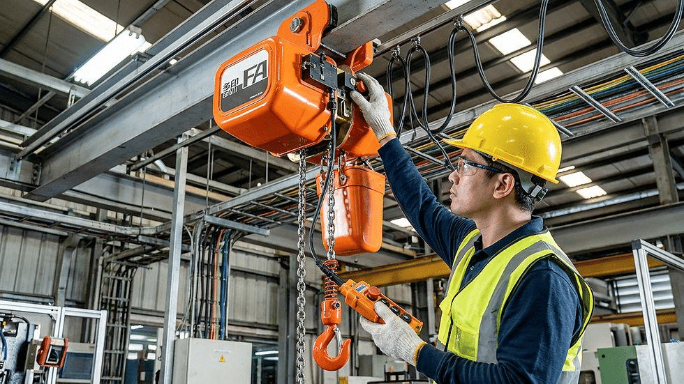 Técnico realizando mantenimiento preventivo de un polipasto eléctrico industrial.