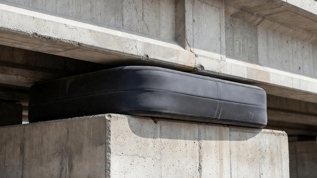 Apoyo de neopreno reforzado instalado en un puente de concreto.